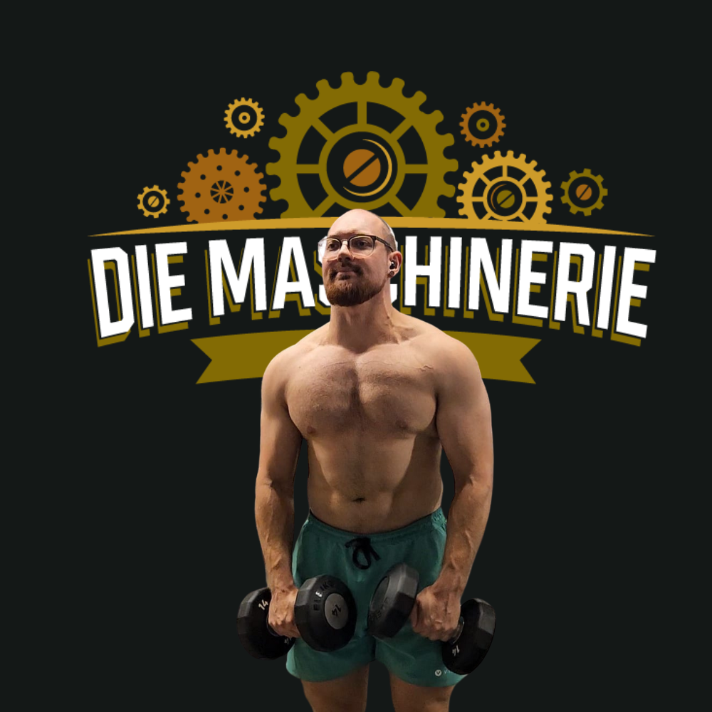 ein bodybuilder posiert mit dem Maschinerie Logo im Hintergrund